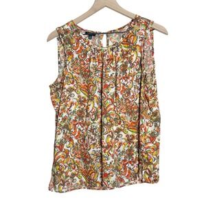 Talbots Womens‎ Knit Tank Blouse 12P Orange Tencel Ruffle Floral Abstract Office